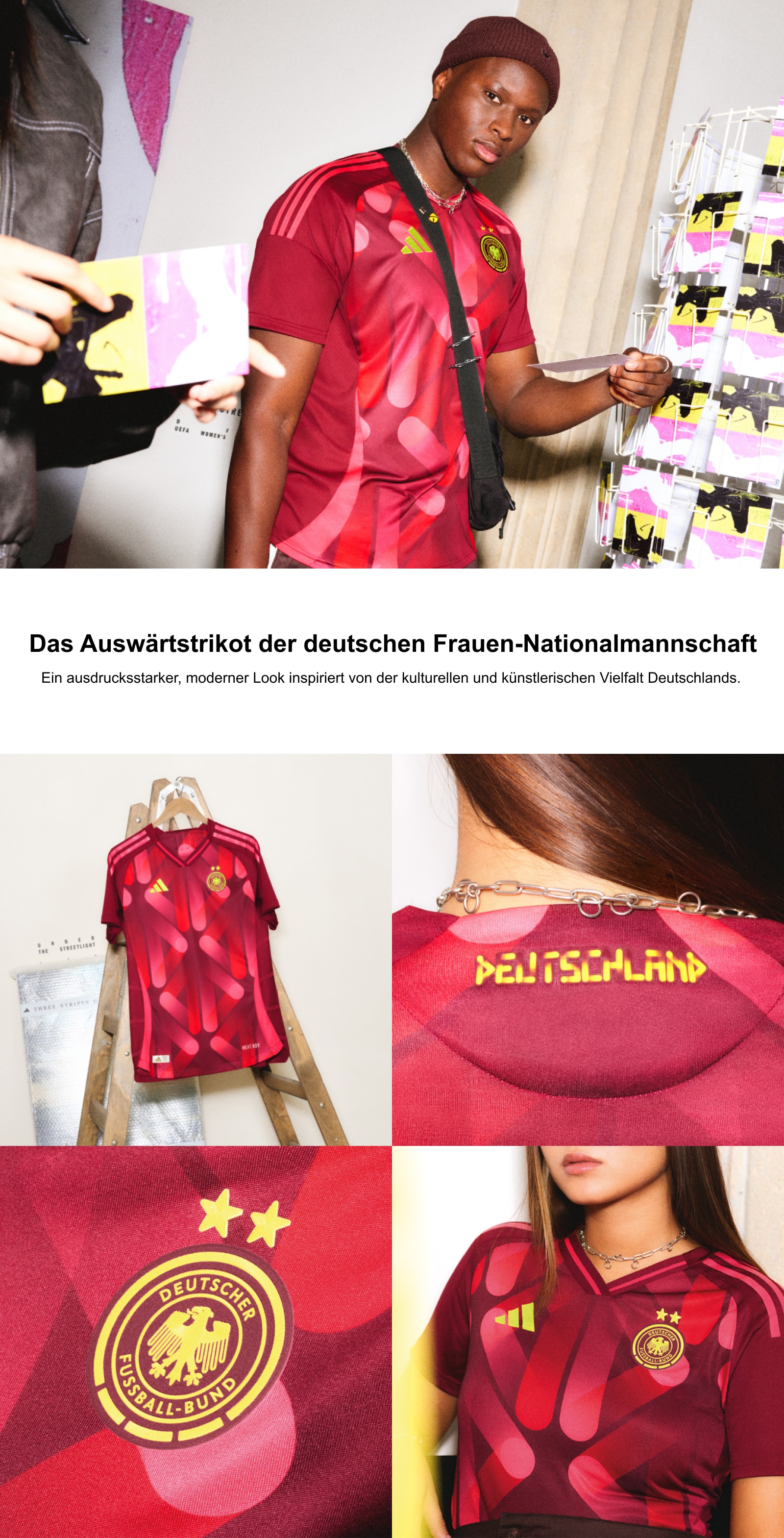 Das Auswärtstrikot der deutschen Frauen-Nationalmannschaft. Ein ausdrucksstarker, moderner Look inspiriert von der kulturellen und künstlerischen Vielfalt Deutschlands.